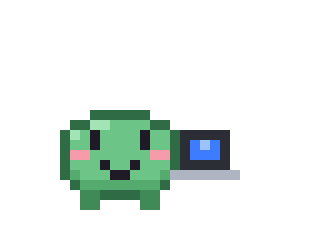 The green pet holds a laptop, then sips coffee, then stacks paper at a desk