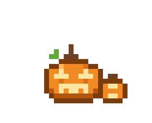 The pumpkin pet carries a lantern, then drops sweets, then bats whirl around it